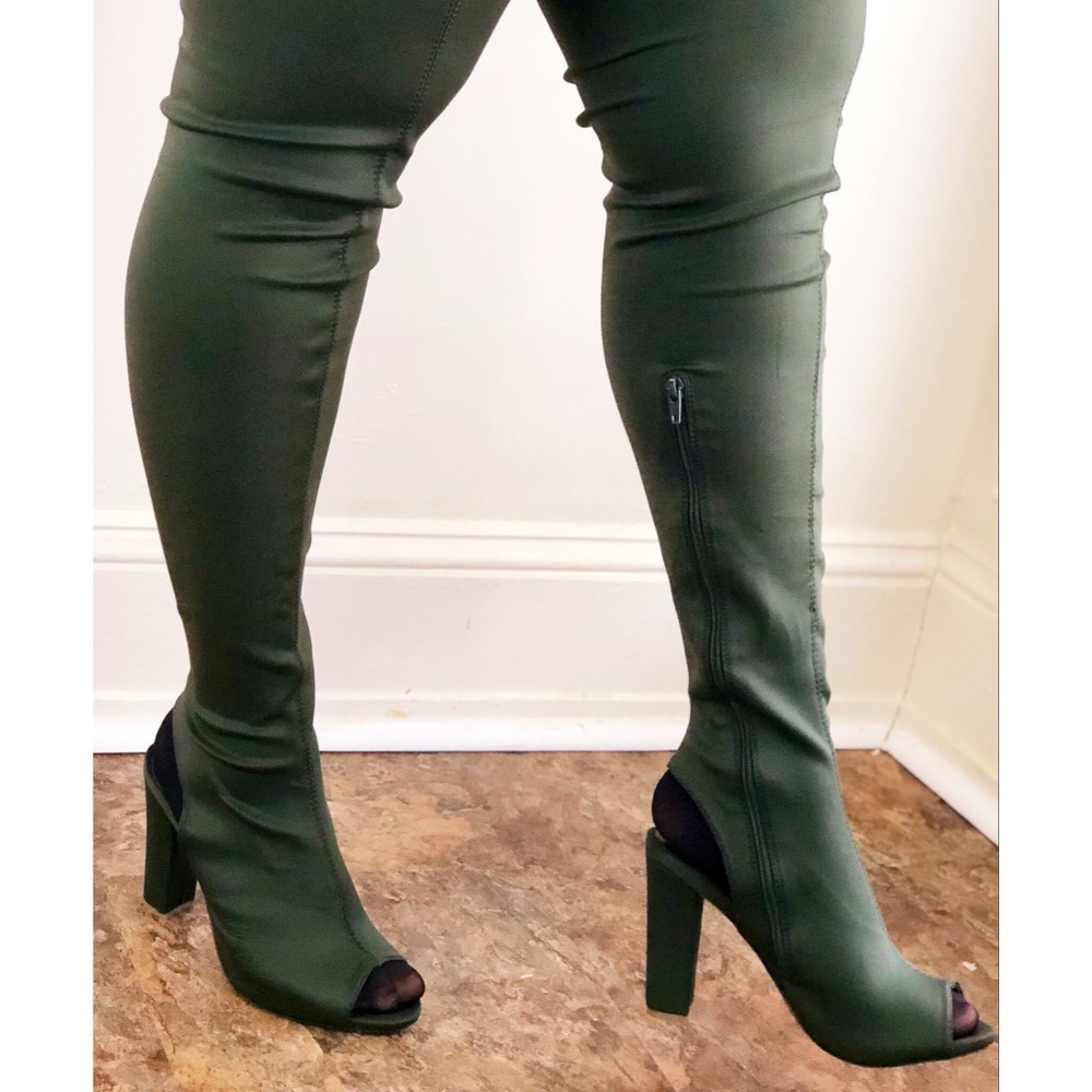 Rouge Helium Olive Green Thigh-high Peep-toe Heels